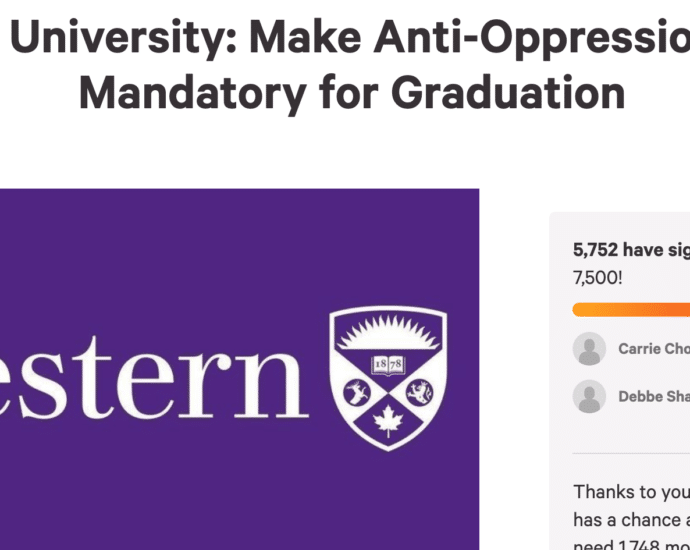 A screenshot of a change dot org petition demanding for Western University to make anti oppression courses mandatory for graduation