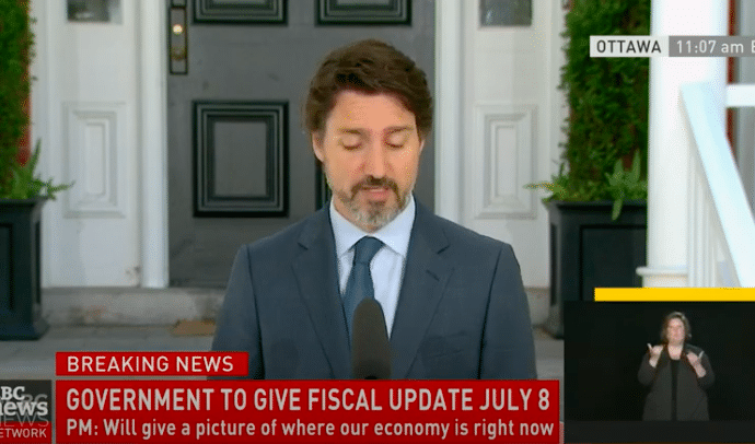 Screenshot of Trudeau's daily briefing. The text says "Breaking News: Government to give fiscal update July 8. PM: Will give a picture of where our economy is right now."