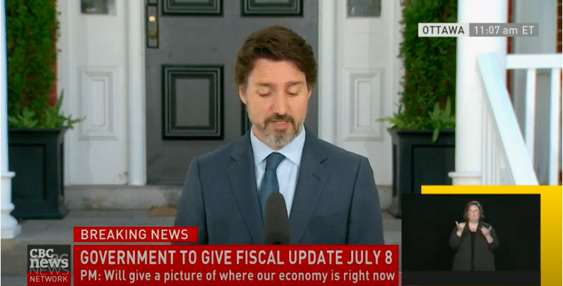Screenshot of Trudeau's daily briefing. The text says "Breaking News: Government to give fiscal update July 8. PM: Will give a picture of where our economy is right now."