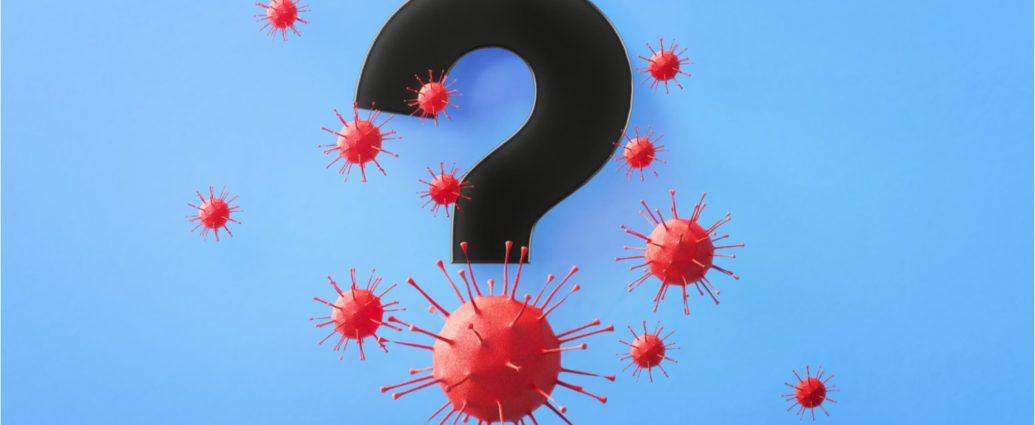 Blue background, black question mark, red virus spheres dispersed. Hastings Prince Edward Public Health logo