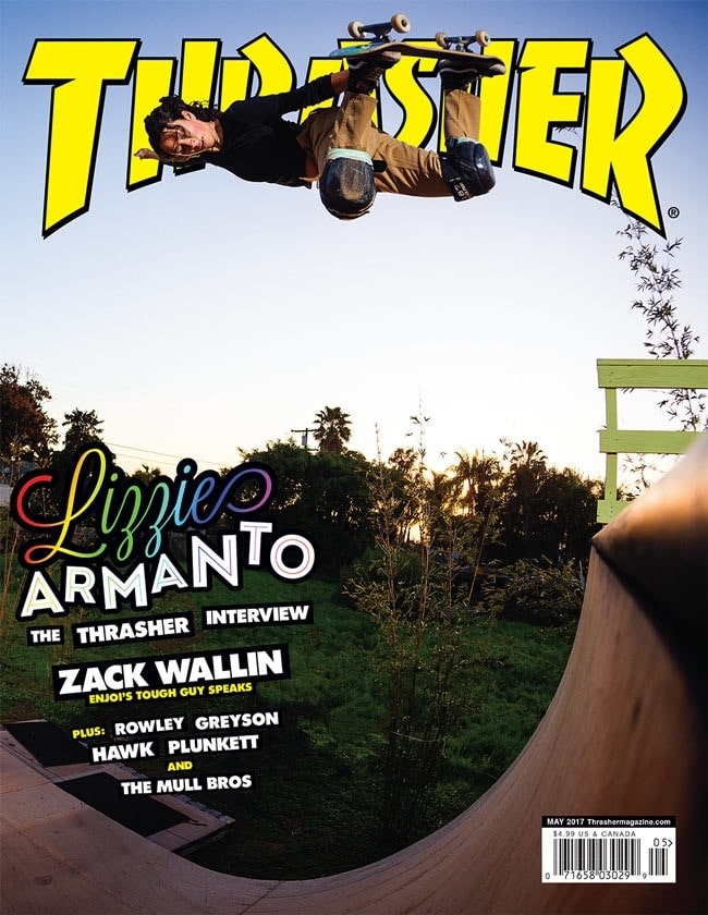 The cover of the August 2017 issue of Thrasher Skateboarding Magazine featuring Lizzie Armanto