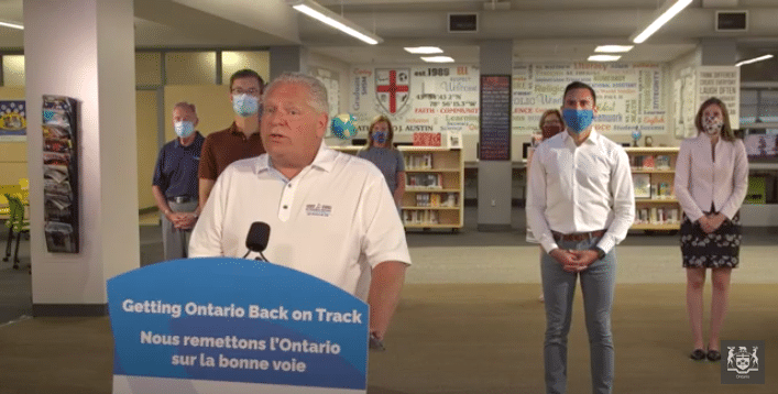 Screenshot of Premier Doug Ford's July 30 live stream announcing Ontario's school reopening plan. Ford is at the podium.