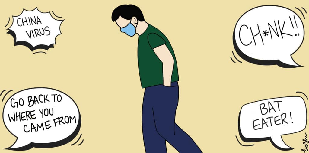 A drawing of an Asian man walking. Speech bubbles with slurs such as "Ch*nk," "go back to where you came from." "bat eater," and "China virus" float around him.