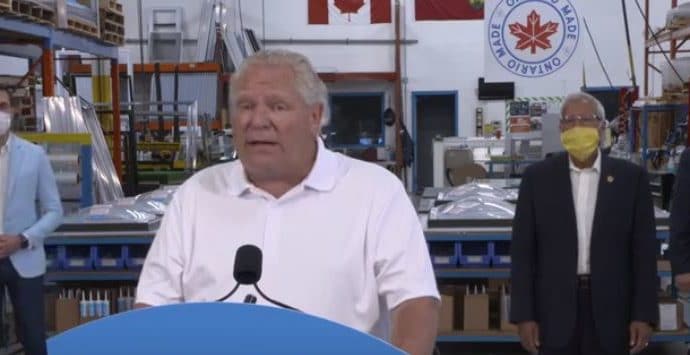 Doug Ford address the province from a family-owned skylight business in Woodbridge